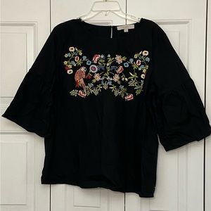 Loft, Embroidered Black Blouse with 3/4 Bell Sleeves, Large